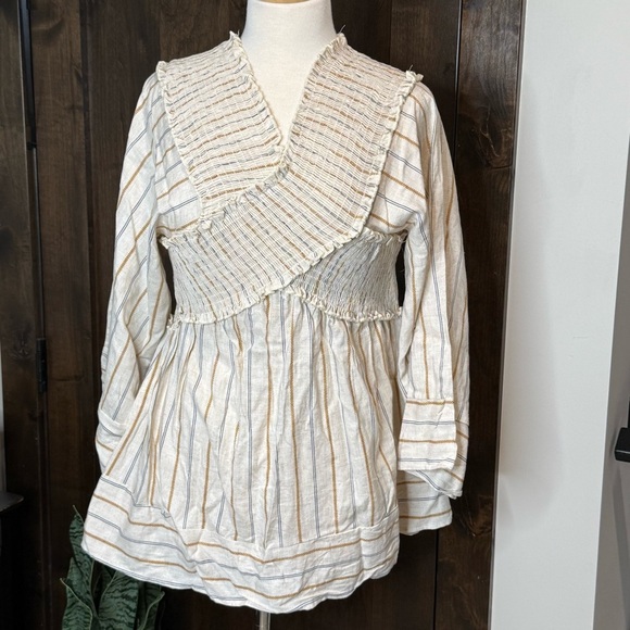 Hummingbird Tops - Hummingbird Criss Cross long sleeve ivory 100% rayon top blue gold pinstripe L